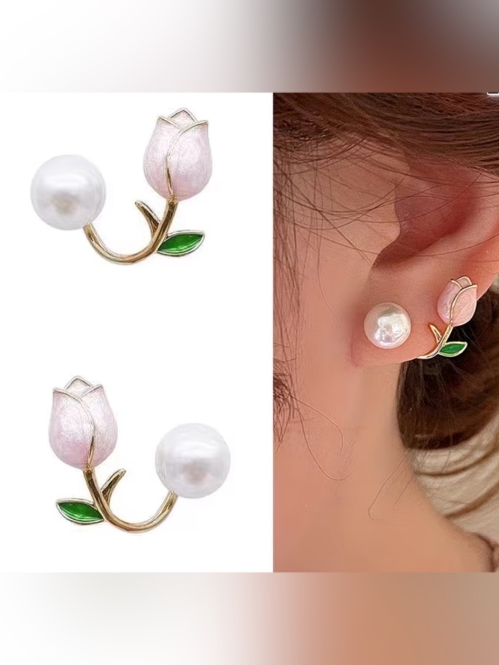 Pink Rose and Pearl Stud Earring - Picture 2 of 6